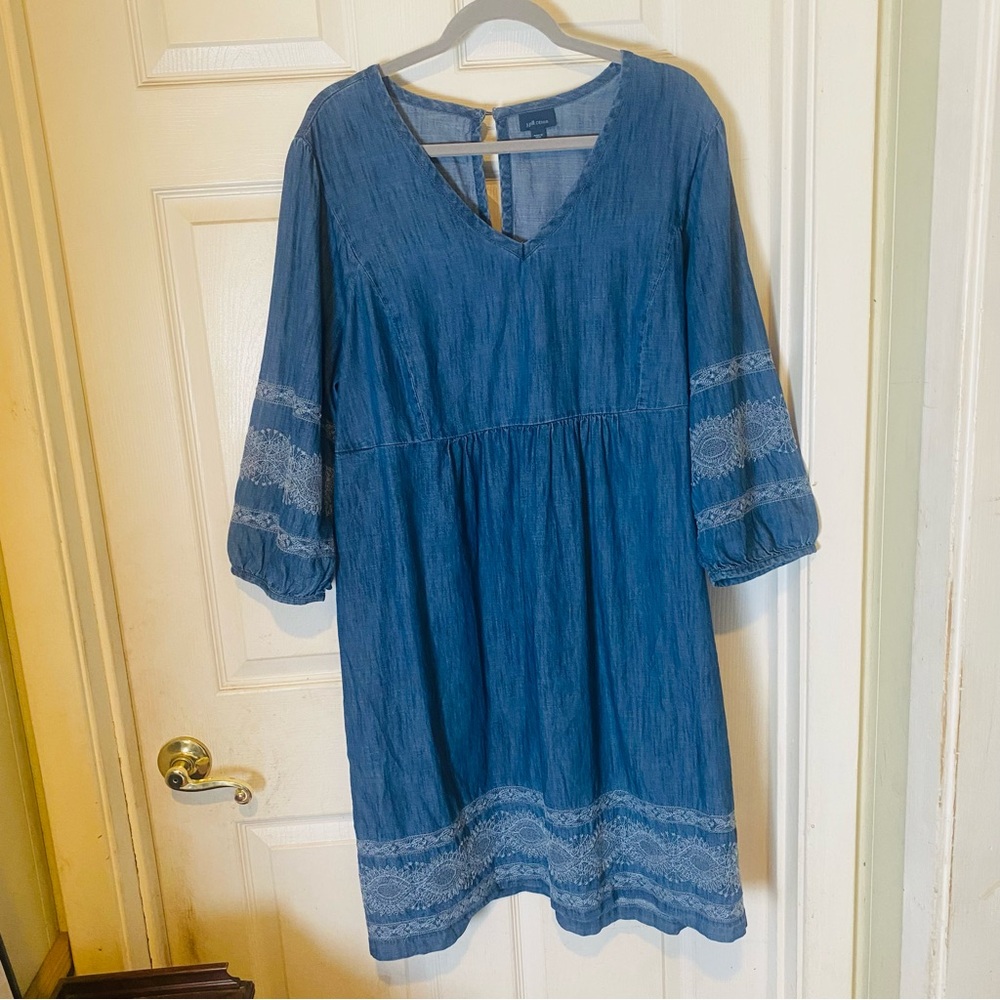 J.Jill Denim 100% Cotton Embroidered Peasant Dress Knee Length Women’s Size XL